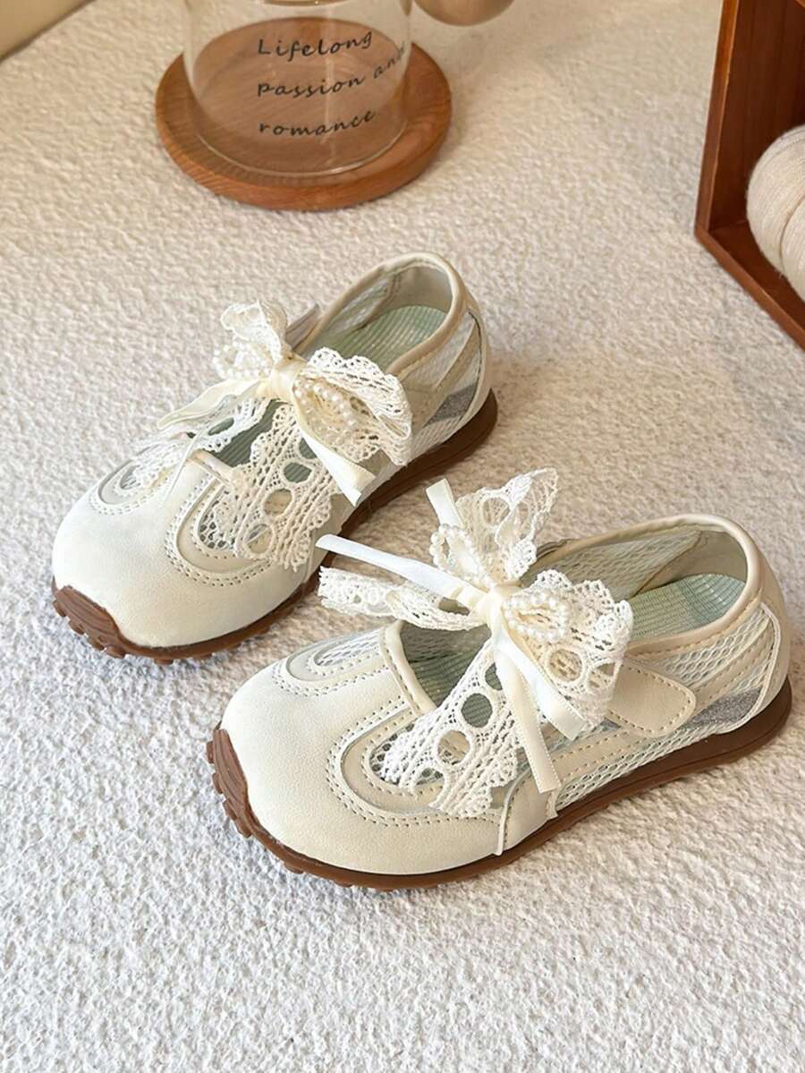 Giày thể thao thoáng khí cho bé gái, giày sneaker kiểu công chúa buộc dây nơ, thích hợp cho mùa xuân/hè. - Màu be - Xem 1