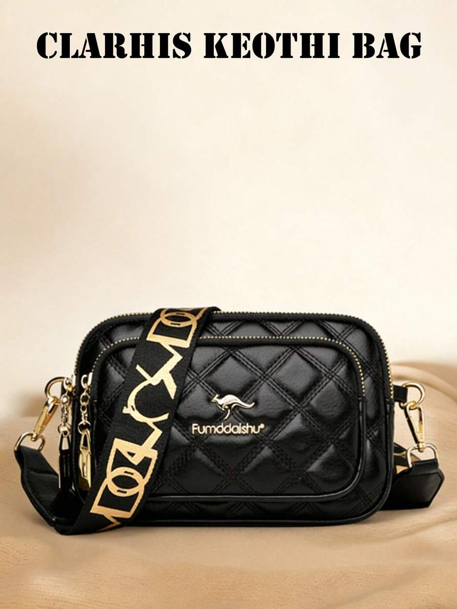 New Fashion Classic All-Match Solid Color PU Waterproof Fabric Diamond Pattern Design Retro Metal Animal Logo Pattern Design Shoulder Bag Square Bag Letter Pattern Decoration Design Women's Wallet, Crossbody Bag Suitable For Shopping. Festival Gift Use - Black - View 1