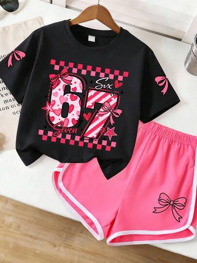 Conjunto de camiseta de cuello redondo con estampado de lazo y estrella a cuadros + pantalones cortos con estampado de lazo, nuevo conjunto de moda de verano cómodo para adolescentes