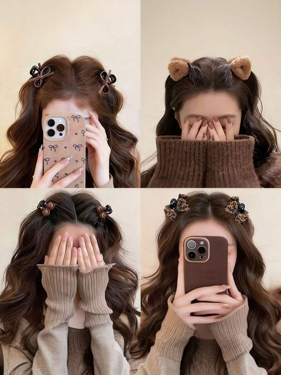 1pc Bow Casual Zinc Alloy Maillard Color Small Side Clip Princess Bow Hair Clip, Bangs Clip, Suitable For All Seasons, Claw Clips,Summer,Holiday,Travel - Multicolor - View 1