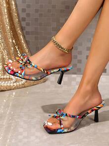 Floral Print Open Toe High Heel Sandals, Breathable Mesh Vamp, Minimalist Slim Stiletto, Versatile Summer Sandals For Women - Multicolor - View 3