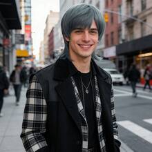 Short Layered Straight Ash Gray Blue Wolf Cut Bob Cosplay Wig With Bangs For Men Holiday Party Daily Wear, Heat Resistant Synthetic Hair For Anime Costume, Comic Con & Stage Performance - Multicolor - View 1