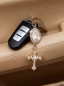 1pc Christian Keychain Charm, Virgin Mary & Crystal Heart Cross Pendant, Bag/Car Key Chain Accessory - One Size Fits All - View 1