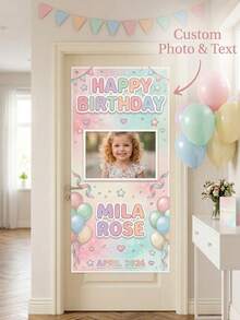 Personalized Birthday Door Sign With Photo, Rainbow Balloon And Star Theme Welcome Banner, Custom Name And Date Birthday Decoration, Back To School - Multicolor - View 6