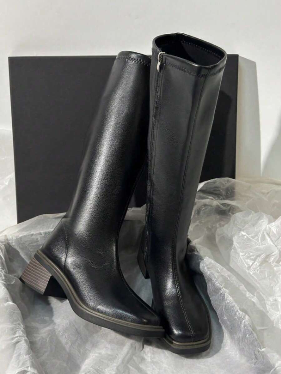 New Autumn/Winter Brown Over-The-Knee Chunky Heel Slim Boots, Classic Black Mid-Calf Riding Boots, Fashion Tall Boots For Women,Party - 深黑色 - 查看 1