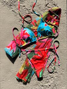 Women's Elegant Multi-Color Floral Print Swimsuit Set, Suitable For Spring/Summer Beach Vacations, Seaside Activities And Holiday Wear - Multicolor - View 5