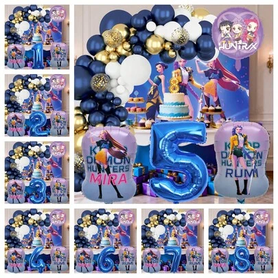 Conjunto de arco de globos de aluminio con número azul estilo K-Pop, globos de aluminio con tema de chica cool para decoración de fiesta de cumpleaños grande, globos de aluminio con número de chica música, suministros de fiesta de cumpleaños infantil, set de regalo