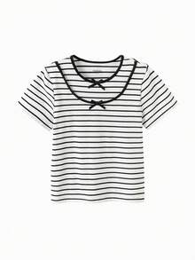 Balabala Girls' New Arrival Sweet Polka Dot Short Sleeve Summer T-Shirt Top With Bow Details - Black and White - View 4