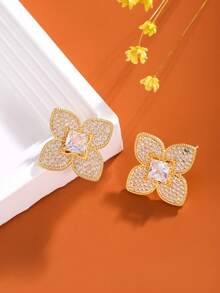 2pcs Elegant Copper Base Inlaid High Transparency Four-Leaf Flower Earrings, Suitable For Dates And Parties - Fashion Earrings - View 4