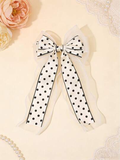 1pc Mother's Day White & Black Polka Dot Printed Mesh Hair Clip, Elegant Hair Accessory Suitable For Flower Girl, Teenager, Bride, Daily Wear, Spring/Summer, Travel, Wedding, Party Gift