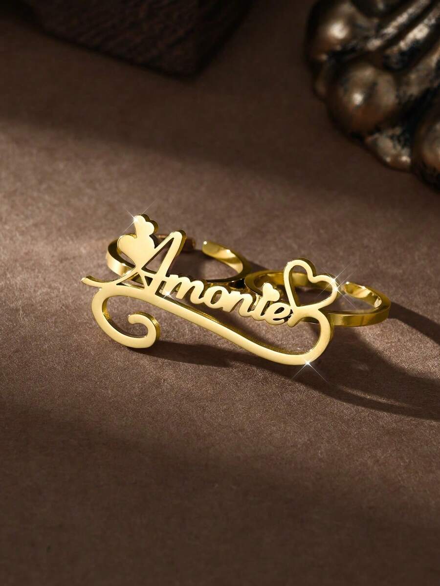 1pc Customized Stainless Steel Ring, Customizable Name Double-Finger Ring, Double-Layer Badge, Anniversary Gift Jewelry, Suitable For Valentine's Day, Birthday, Mother's Day, Daily Wear - Gold - View 1