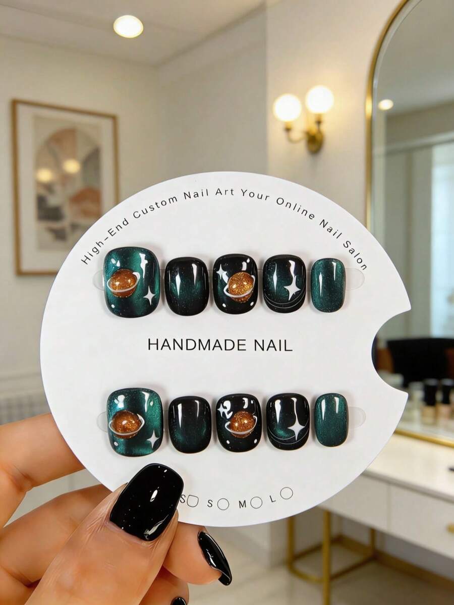 10pcs Handmade Wearable False Nails, Suitable For Short Nails Manicure Supplies And Accessories. Featuring Planet And Galaxy Patterns Paired With Green Cat Eye Design, Very Fashionable. Comes With Jelly Glue And Nail File. - Green - View 1