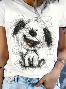 Women'S Oversized Short-Sleeve T-Shirt | Cute Puppy Print, Slim-Fit, Round Neck, Casual Blouse For Spring, Summer, Fall, Machine Washable– Women's Plus Size Front Print Short Sleeve Crew Neck Tee Casual Everyday Outfit - trắng - Xem 1