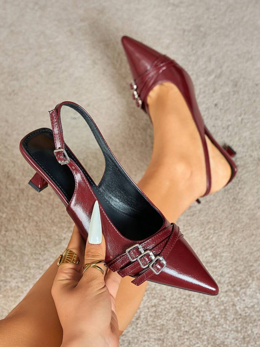 Women's Stiletto High Heels With Ankle Strap, Low Vamp Backless Slip-On Buckle Spring Shoes, Suitable For Party, Casual, Business, Work, Elegant And Comfortable Fashion Wine Red Pointed Toe Pumps - Burgundy - View 1