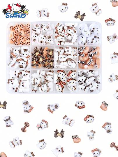 SANRIO 12Grids Leopard Print Bow Resin Charms For Jewelry Making, Cute Beads For DIY Hair Clips Keychain Phone Case Decorations