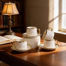 Set Of 6 Elegant White Porcelain Coffee Cups & Saucers, Gilded Ribes, 100ml (3.38 OZ) Espresso Cappuccino Set, Dishwasher Friendly - Perfect For Home Café & Gift Giving - 金色 - 查看 6