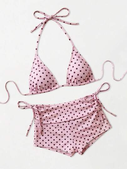 Sweetra Nuevo conjunto de traje de baño de 3 piezas para mujer con estampado de lunares, parte superior de triángulo micro con lazos laterales y volantes, para vacaciones de verano, fiestas en la playa y tardes de té