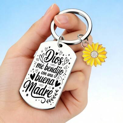 Stainless Steel Keyring "God Me With A Good Mother" With Sunflower Charm, Spanish Christian Gift For Mother's Day, Religious Key Ring For Mom, Car Key Accessory