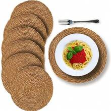 1/4/6pcs Woven Placemats, Round Rattan Placemats, Natural Handwoven Water Hyacinth Placemats, Farmhouse Woven Placemats, Rustic Style Woven Wicker Table Mats, Suitable For Dining Table, Home, Wedding - Multicolor - View 3