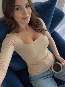 Women's Basic Long-Sleeve Blouse With Square Neckline, Shaping Effect, Soft Supplex Fabric, Lined With Elastane, Casual Fashion, Versatile And - 海軍藍-米色-酒紅色 - 查看 4