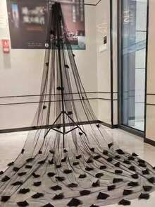 1件佩斯利花纹鱼鳞蛇形三叶草碎花休闲波西米亚复古尼龙长款新娘头纱，婚礼摄影道具 - 黑色 - 查看 3