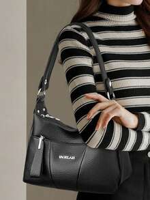 Bolsos de mano de lujo para damas, nuevos, de alta calidad en piel de PU. Bolso de hombro para mujer, con estilo retro y minimalista, bolso bandolera - Negro - Ver 11