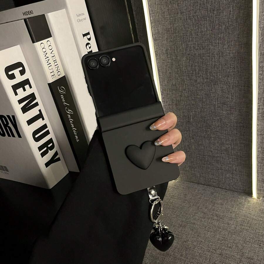Simple Black Phone Case With Heart Pendant Compatible With Samsung Galaxy ZFlip7 Z Flip6 ZFlip 5 Zflip6 Zflip5 Shockproof Back ,Phone Case Compatible With Motorola,Phone Case Compatible With Xiaomi - Black - View 1