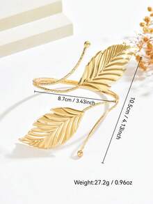 1pc Fashionable Textured 3D Leaf Decor Metal Cuff Bracelet For Women, Minimalist Adjustable Leaf Arm Decoration Suitable For Music Festivals, Parties (Leaf Direction Random) - Gold - View 5