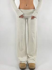 Women Y2k Striped Fold Over Pants Low Rise Yoga Pants Lounge Bottoms Color Block Wide Leg Flare Sweatpants - 象牙白 - 查看 1
