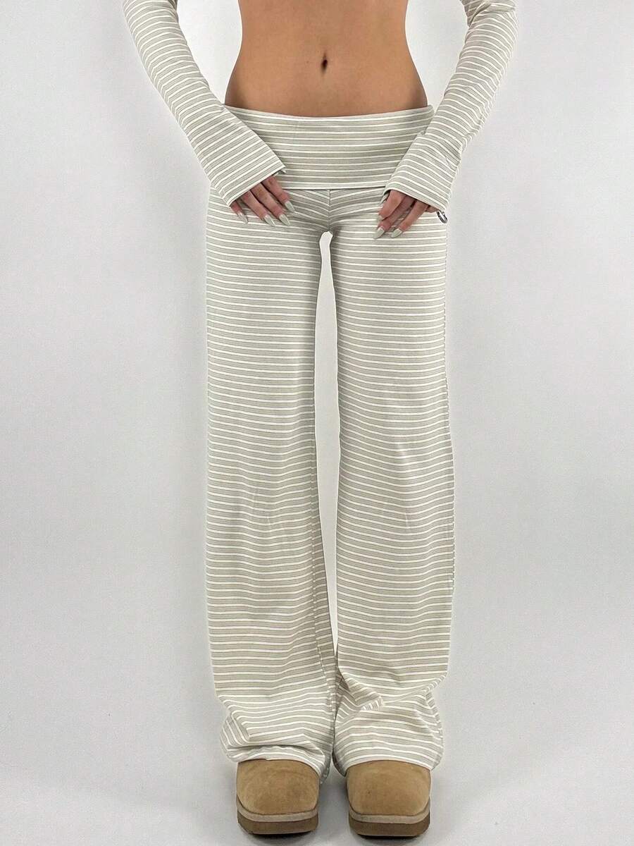 Women Y2k Striped Fold Over Pants Low Rise Yoga Pants Lounge Bottoms Color Block Wide Leg Flare Sweatpants - 象牙白 - 查看 1