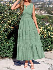 Women Summer Boho Sleeveless V Neck High Waist A-Line Flowy Long Maxi Dress Spring Holiday Hawaii Beach Vacation Party Sundress Outfits - 灰綠色 - 查看 1