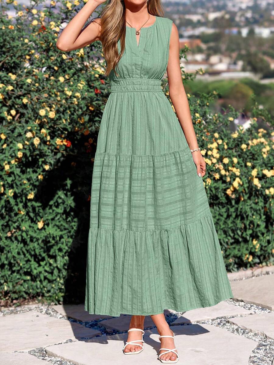 Women Summer Boho Sleeveless V Neck High Waist A-Line Flowy Long Maxi Dress Spring Holiday Hawaii Beach Vacation Party Sundress Outfits - 灰綠色 - 查看 1