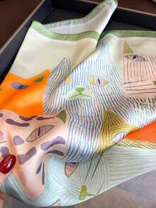 1pc Women's Elegant Fashion Cat Printed Thin Style Faux Silk Scarf,Boho Vintage Casual Satin Square Scarf, Bandana,Elegant Women's Neck Scarf,Shawl - Multicolor - View 4