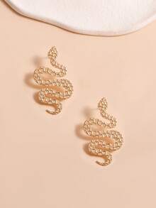 1 Pair Snake-Shaped Earrings, Electroplated Gold Plated, Painted Stainless Steel, Fashion Earrings For Women, Rose Flower & Maple Leaf Design, Valentine's Day Gift - A Pair Of Earrings - View 12