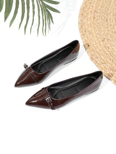 2025 Spring/Autumn New Lacquered Leather Mary Jane Shoes, Metal Chain Pointed Toe Slip-On Shoes For Women, Plus Size