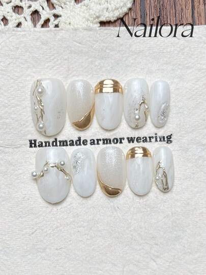 10片手工椭圆形亚克力美甲贴片，适合短指甲，简约白色渐变，闪粉手绘不规则线条，珍珠镶嵌，简约优雅奢华的春季美甲，夏季美甲贴片，多功能美甲DIY假指甲，适合派对、日常、约会、工作场合，可重复使用，送给女性和女孩的礼物，美甲用品