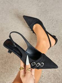 Women's Pointed Toe Slingback High Heel Shoes, Comfortable Slingback Pumps For Party, Casual, Work, Elegant And Fashionable, Black Suede - Black - View 1