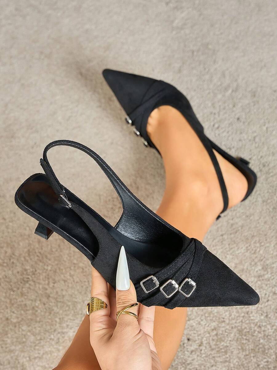 Women's Pointed Toe Slingback High Heel Shoes, Comfortable Slingback Pumps For Party, Casual, Work, Elegant And Fashionable, Black Suede - Black - View 1