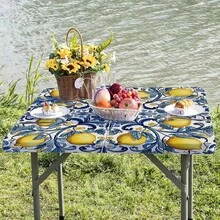 1pc Rectangular Elastic Tablecloth, Lemon Blue Leaf Tile Pattern, Suitable For Kitchen, Dining Room, Patio, Living Room, Picnic, Holiday Party, Camping And Daily Home Decor - A - View 11