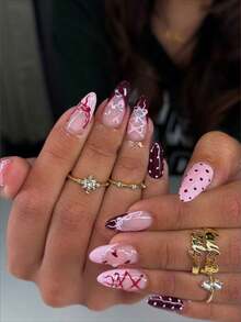 24片Y2K杏仁形3D凝胶粉色法式按压美甲贴纸，饰有波点、爱心和蝴蝶结图案，欧美甜美酷炫风格，镶嵌3D珍珠，易于佩戴的亚克力假指甲套装包含1片果冻凝胶和1个指甲锉，适合女性和女孩日常及各种派对场合。 - 彩色 - 查看 9