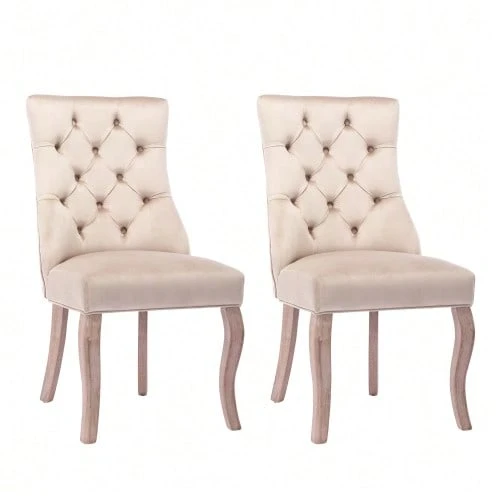 Chaise à 4 pieds, chaise de salle à manger en velours beige, dossier haut, capitonnage à boutons, structure en bois massif, (lot de 2) - Beige - Voir 1