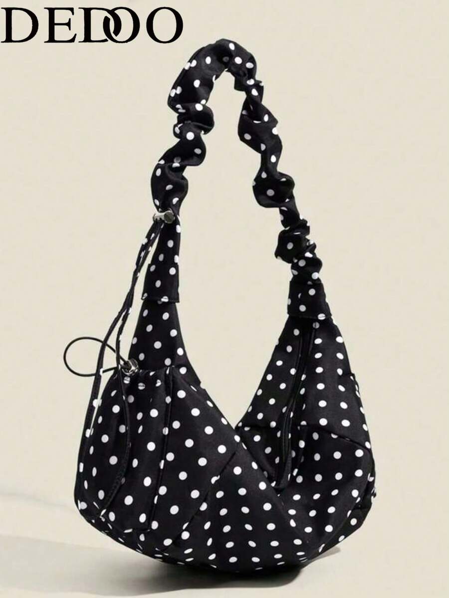 Dedoo 1 chiếc túi xách nhiều ngăn bằng vải nylon, túi đeo vai chấm bi kiểu Hàn Quốc, túi đeo chéo xếp ly dây rút dành cho nữ, túi hobo mềm mại và đa năng kiểu Nhật, chấm bi. - màu đen - Xem 1
