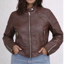 Women's Faux Leather Jacket With Zipper On The Sleeve And Buttoned Collar - Rỉ Nâu - Xem 1