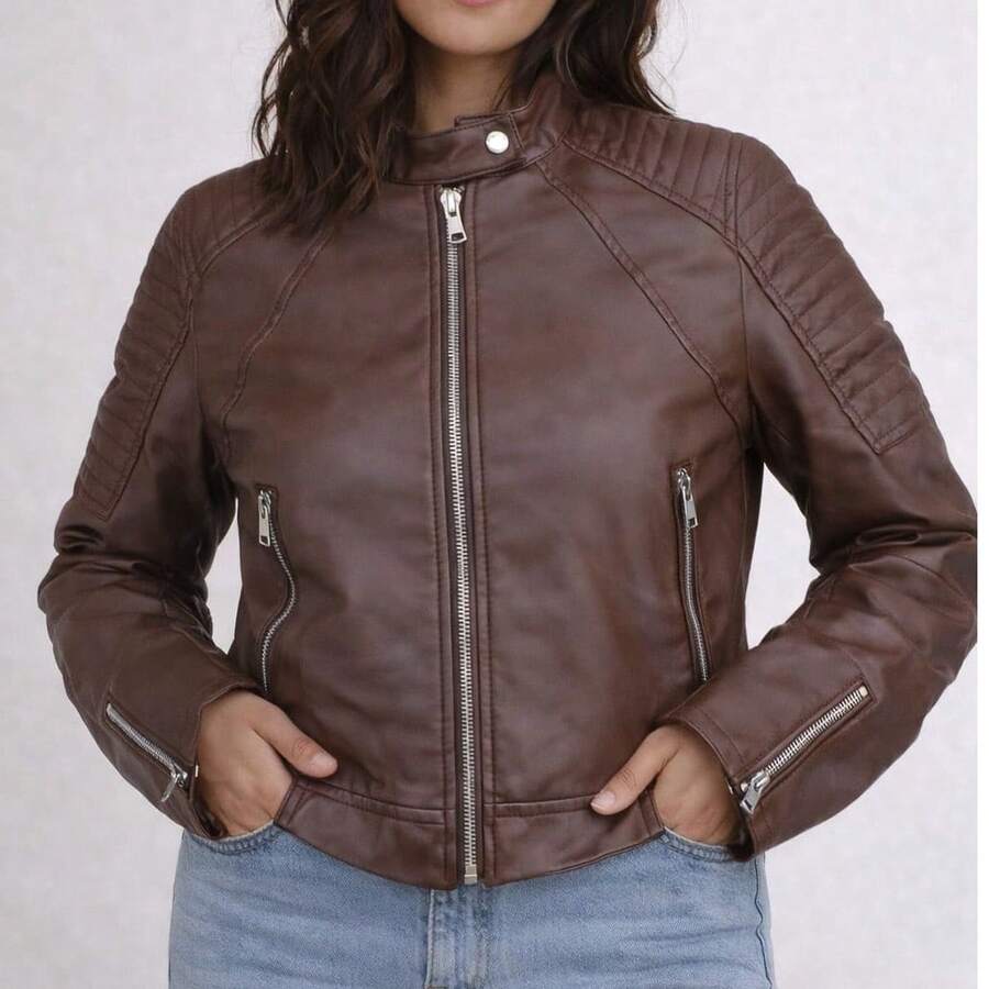 Women's Faux Leather Jacket With Zipper On The Sleeve And Buttoned Collar - Rỉ Nâu - Xem 1