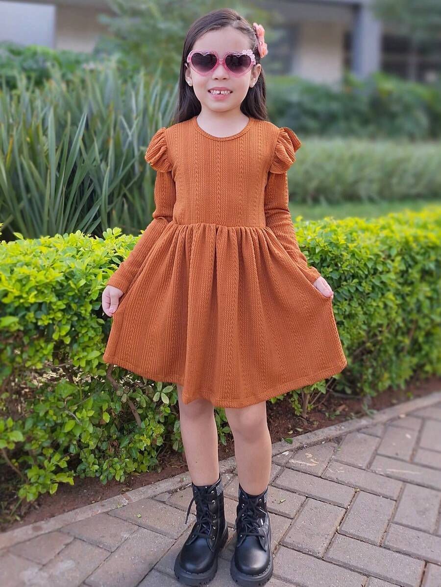 Winter Dress For Girls And Teenagers, Knitted With Fabric Details, Ruffled Sleeves, Long Sleeves, Autumn And Winter (VINF433) - 駝色 - 查看 1