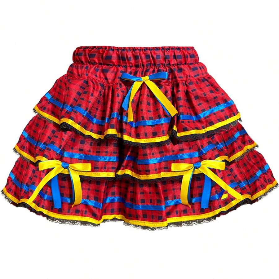 Junior/Adult June Festival Skirt, Country Style Checkered, Round, Square Dance, Saint John's Day, Ruffled, Printed - 火焰紅 - 查看 1