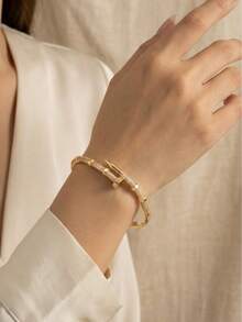 1件装奢华立方氧化锆密镶铆钉设计开口手镯，18K镀金街头风手镯，女士珠宝礼品 - 彩色 - 查看 3