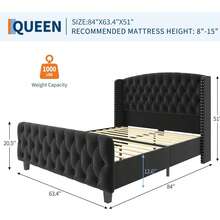 Marco de cama tapizado de terciopelo con cabecera y pie de espalda con botón profundo, Marco de cama de plataforma, No se necesita muelle de caja - Negro-Queen Size - Ver 2