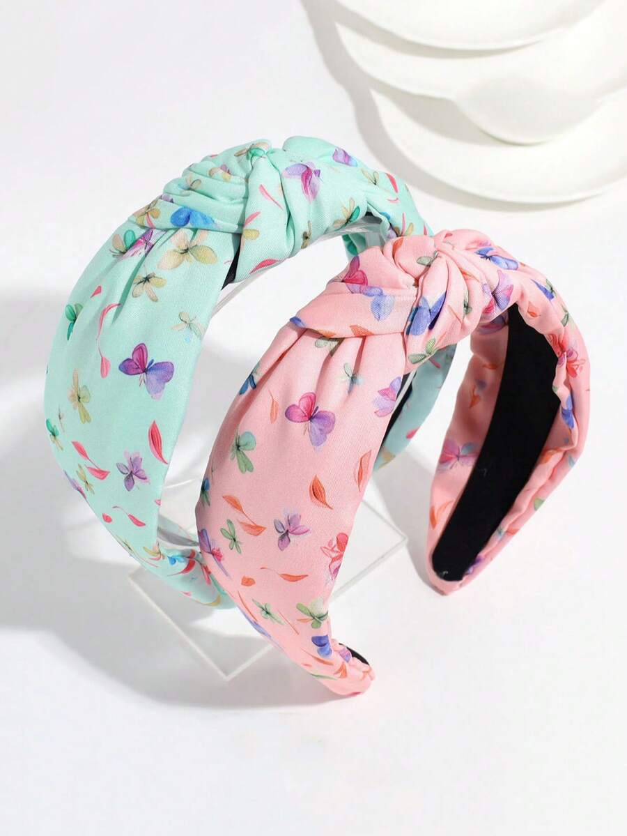 1pc Elegant Butterfly Print Headband, Fashionable Sweet Wide Knotted Top Head Hoop, Versatile Hair Accessory - Multicolor - View 1