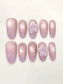 10pcs Pure Handamde Press On Nails Long Nails Almond Nails Purple Nails Dreamy Fairy Style Purple Gradient Cat Eye, 3d Flowers And Water Drop Accents, Cute And Gentle Press-On Nails For Women And Girl,Spring Summer Fall Winter Festivals Party And Dailys Life Use - Purple - View 1